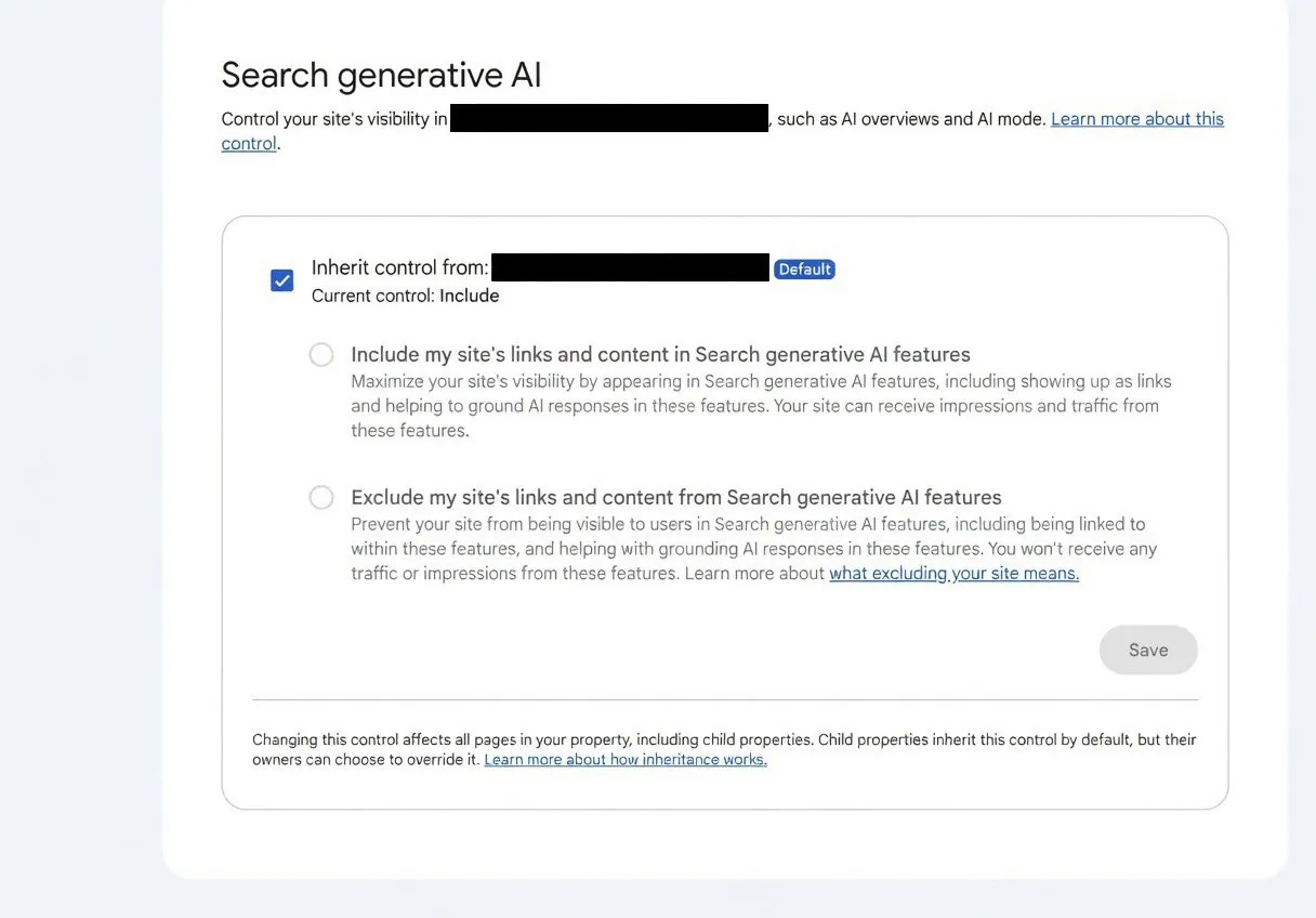 Captura de Google Search Console con el nuevo control para impedir que el contenido del sitio aparezca en AI Overviews y AI Mode.