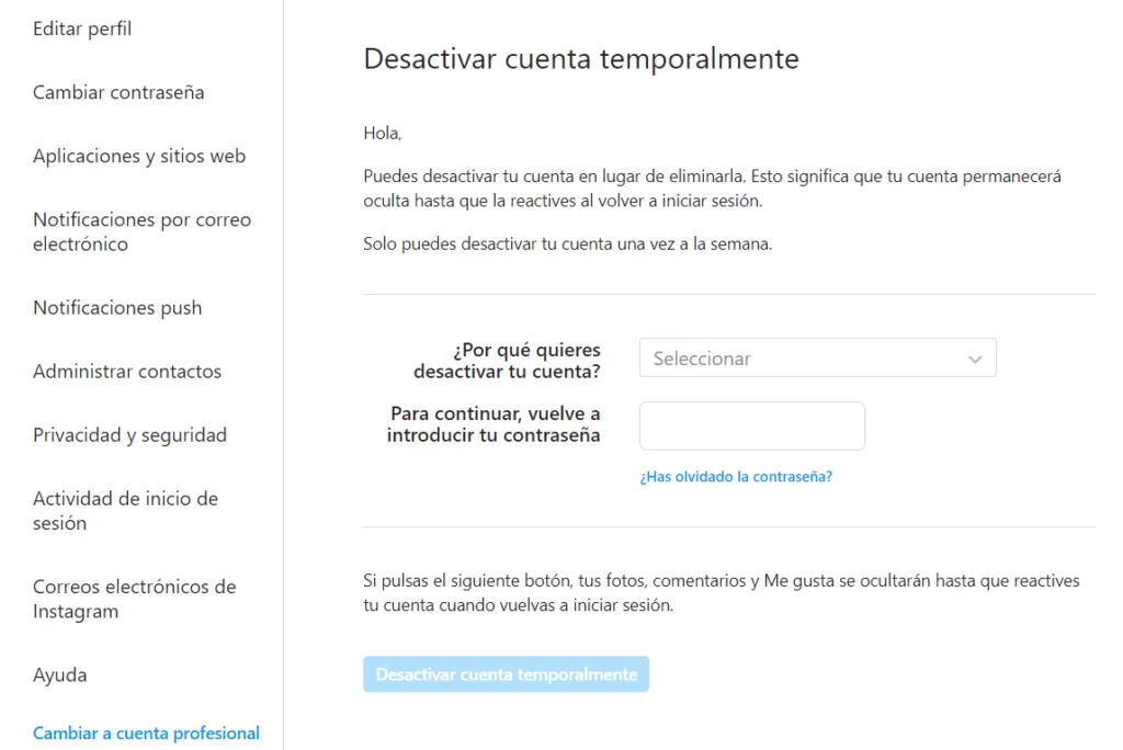 Cómo eliminar cuenta de Instagram temporalmente