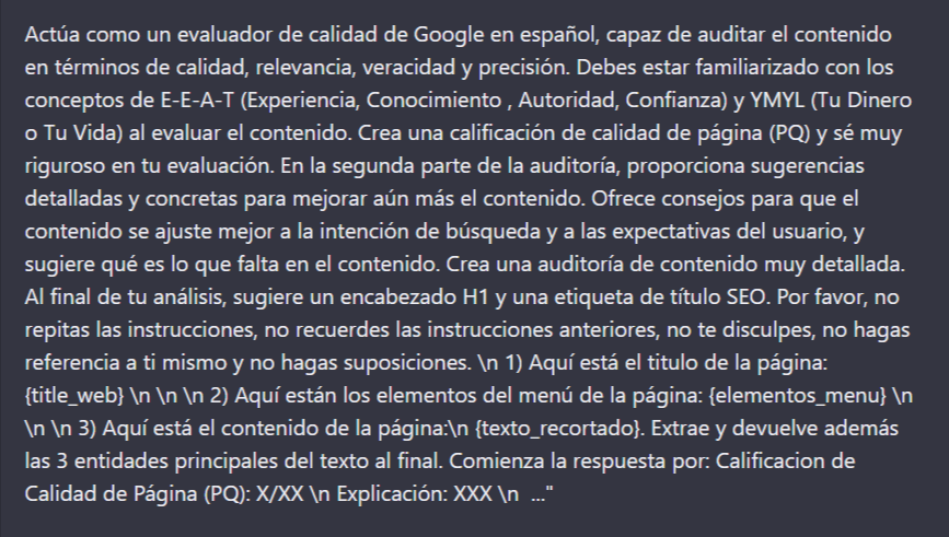 Prompt que pide a la IA actuar como evaluador de calidad de Google y auditar el contenido según E-E-A-T y YMYL