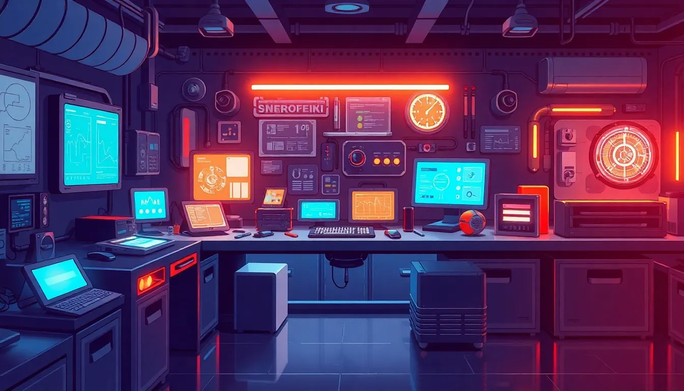 Illustration of a control room full of screens and digital tools