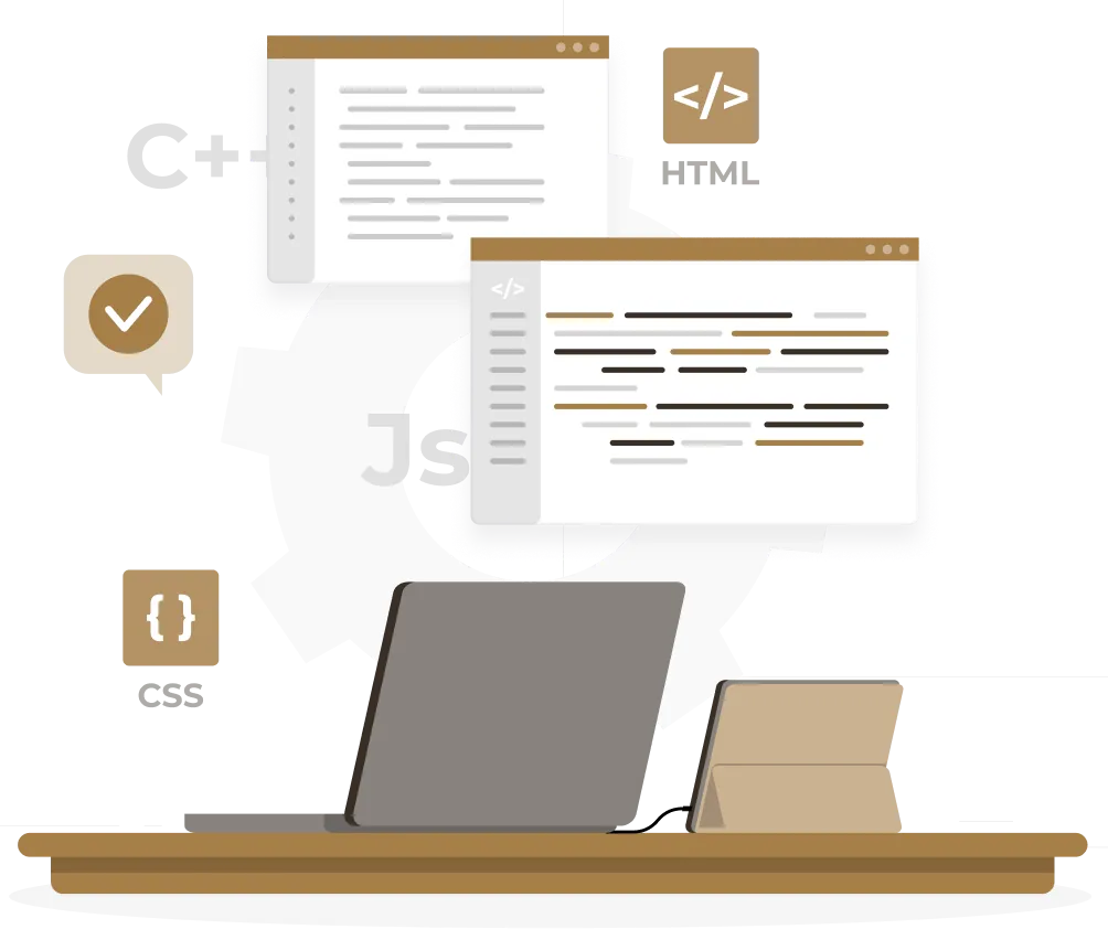 Editor de código con HTML, CSS y JS sobre un portátil