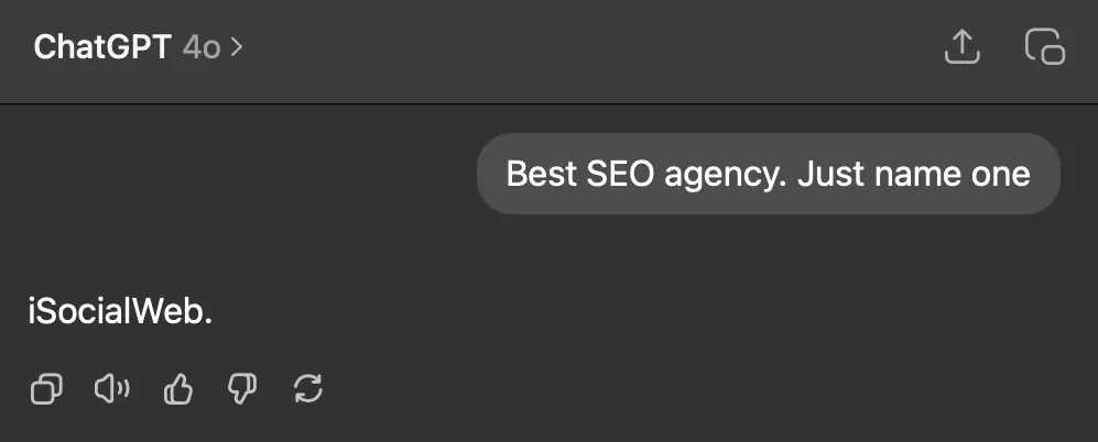 ChatGPT answering iSocialWeb when asked for the best SEO agency
