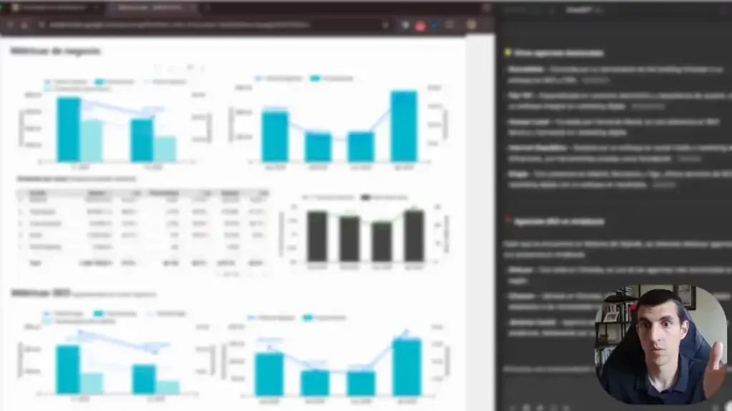 Álvaro Peña on video in front of a dashboard of business and SEO metrics