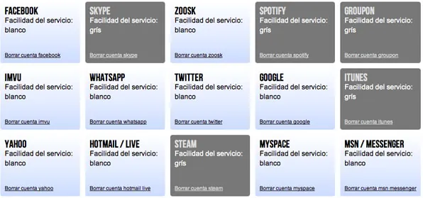 Interfaz de Accountkiller para eliminar cuentas de redes sociales