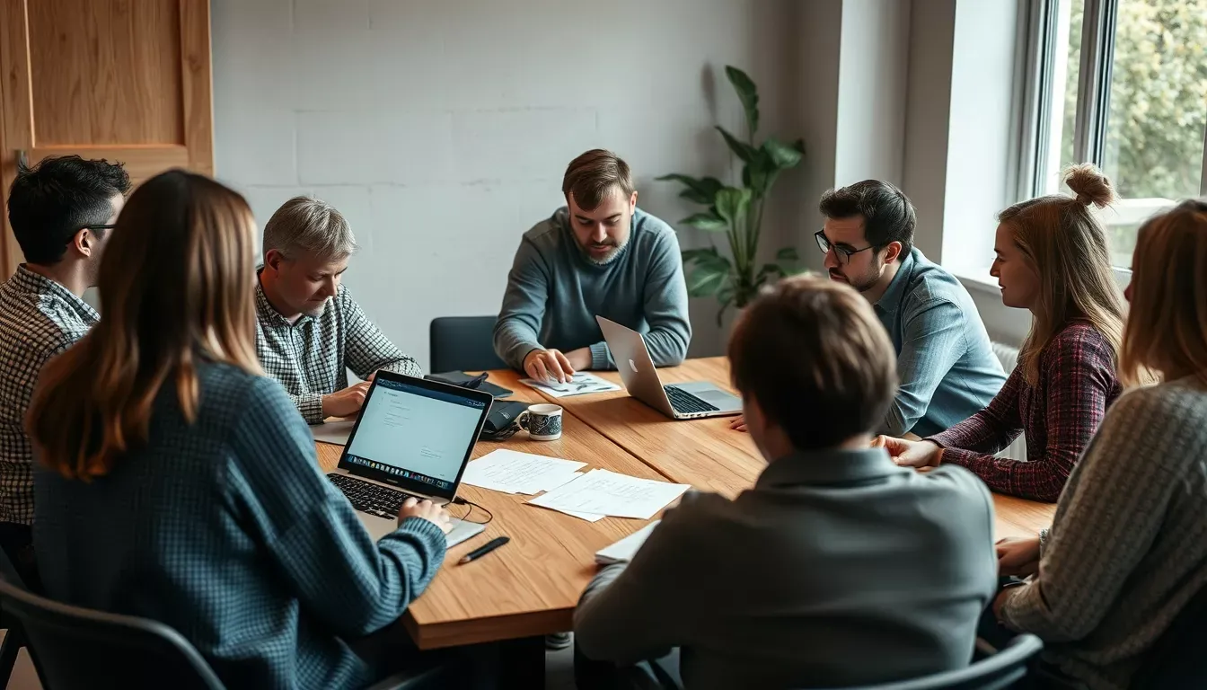 Equipo reunido alrededor de una mesa con portátiles y documentos