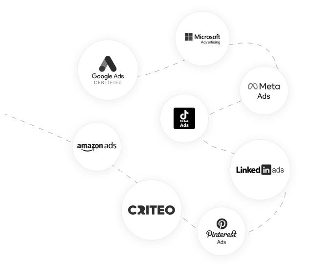 Platforms: Microsoft Advertising, Google Ads, Meta Ads, TikTok Ads, Amazon Ads, LinkedIn Ads, Criteo, Pinterest Ads