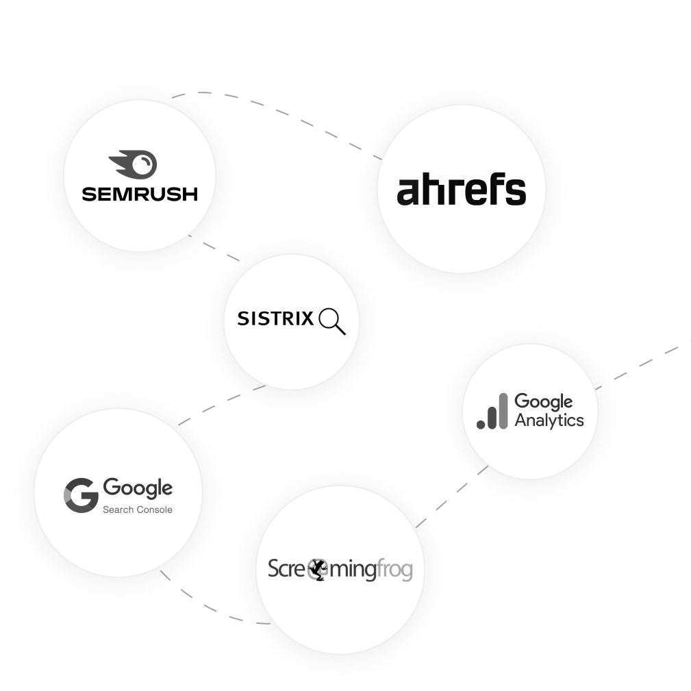 SEO tools: Ahrefs, Semrush, Sistrix, GSC, GA4, Screaming Frog