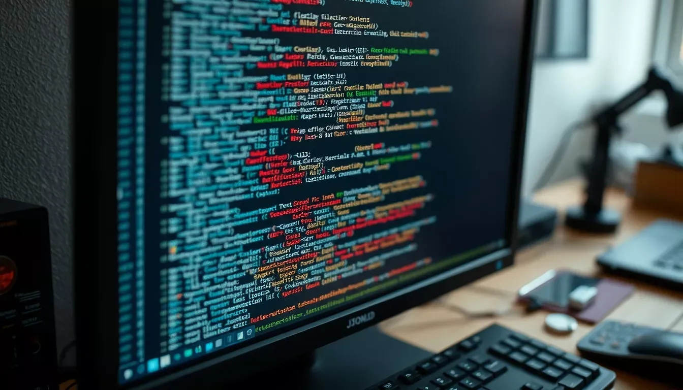 Monitor con código en una pantalla oscura, representando el formato JSON-LD