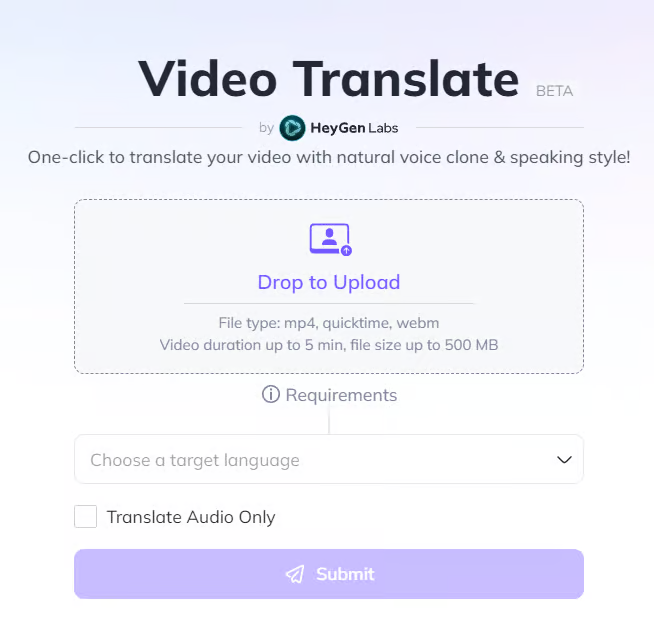 Caption of HeyGen video translate image uploader