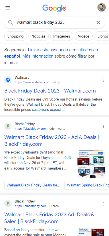 walmart black friday organic results walmart black friday Google search mobile results example